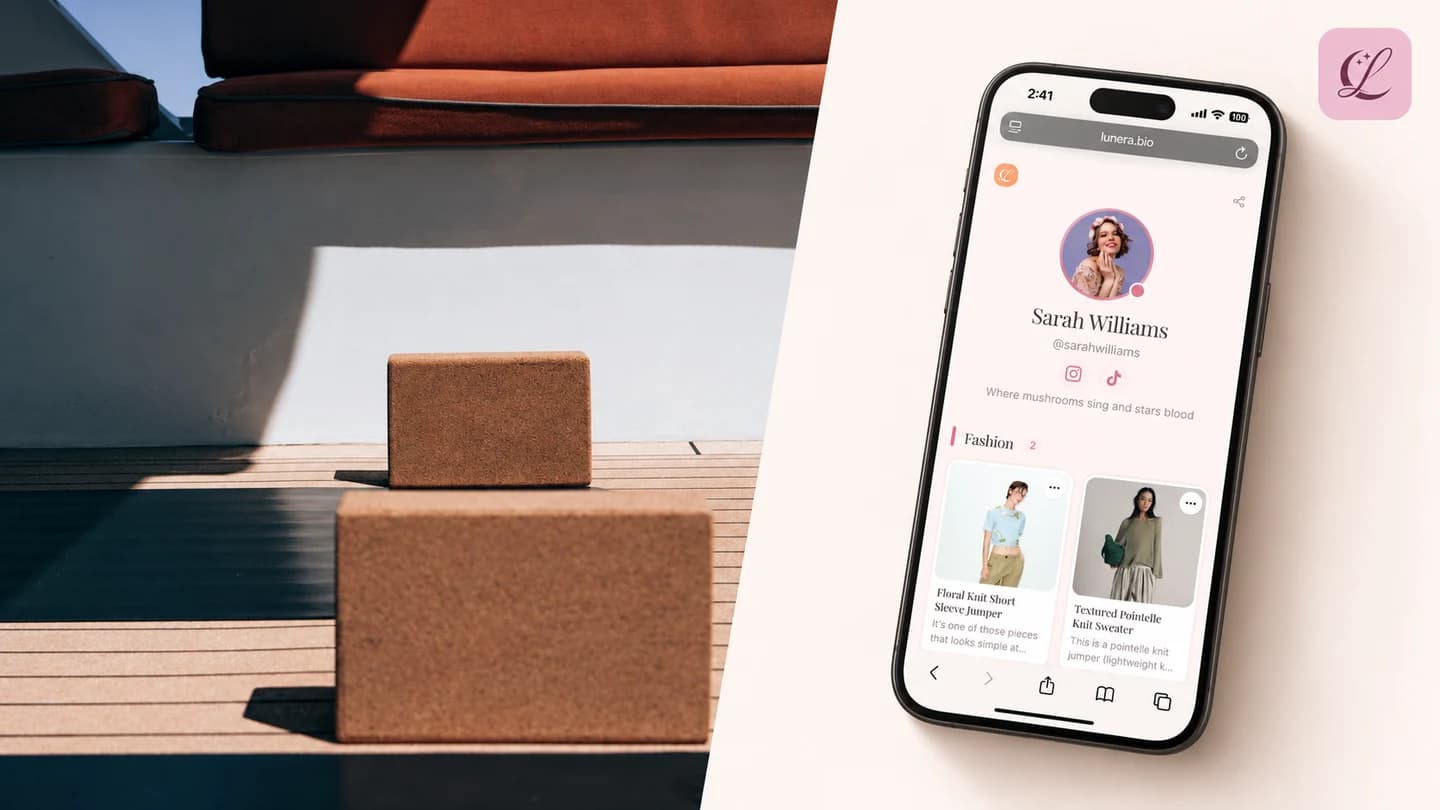 Photo illustration of cork yoga blocks beside a Lunera phone mockup and logo